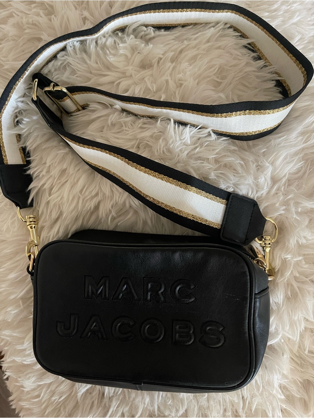 Marc Jacobs Black Leather Camera Bag with White and Gold Striped Strap